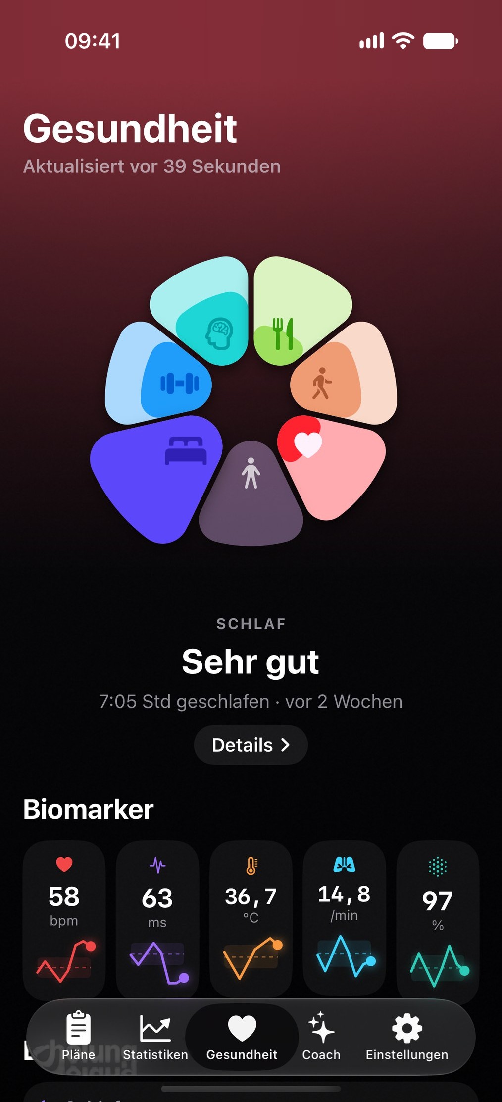 Gesundheitsübersicht mit Rad der Bereiche und Biomarker-Kacheln