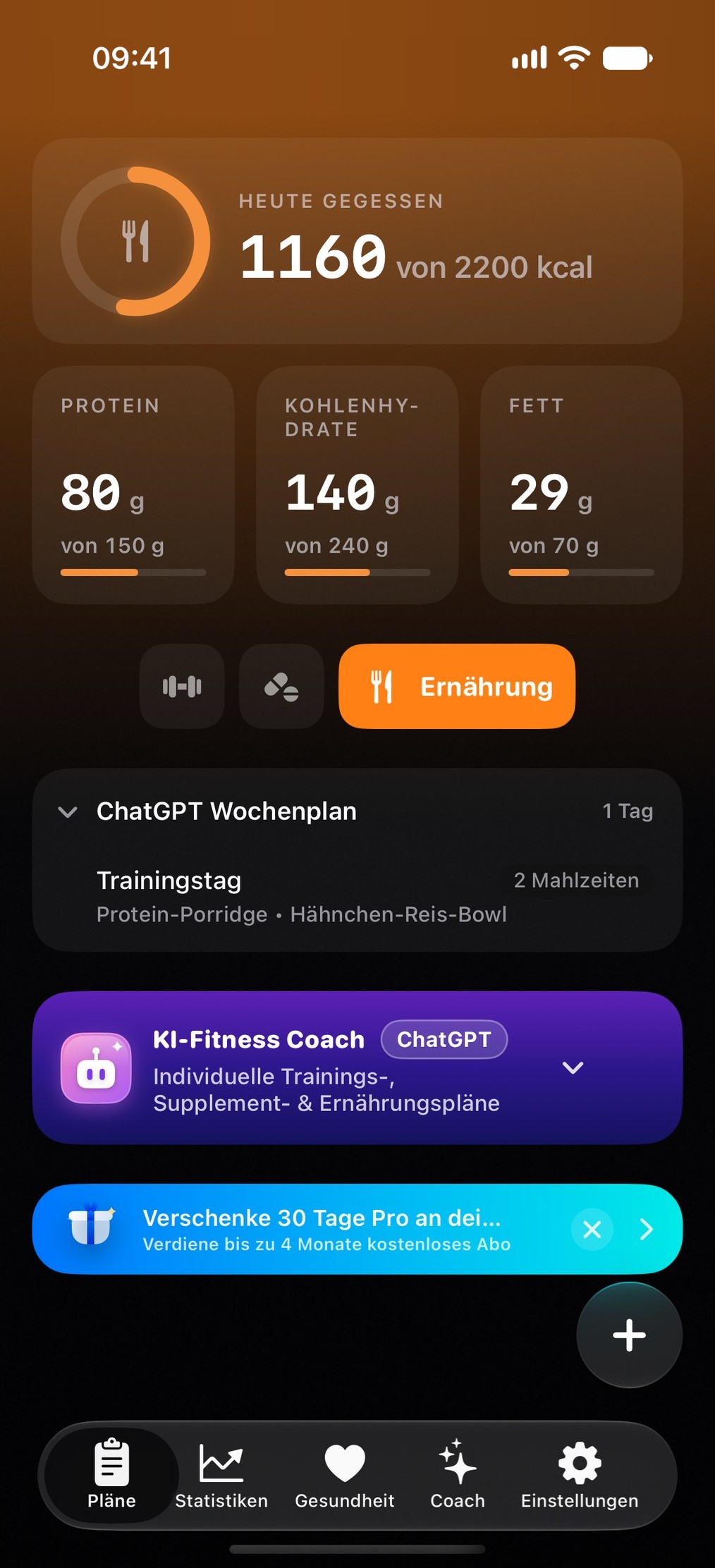 Ernährungsansicht mit einem Wochenplan, der aus ChatGPT übernommen wurde