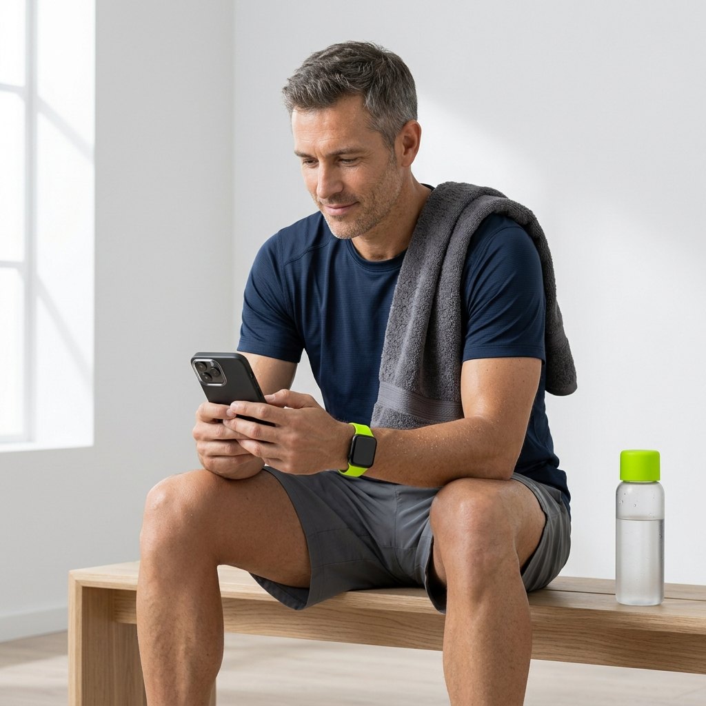Ein Mann sitzt nach dem Training auf einer Bank und schaut auf sein iPhone