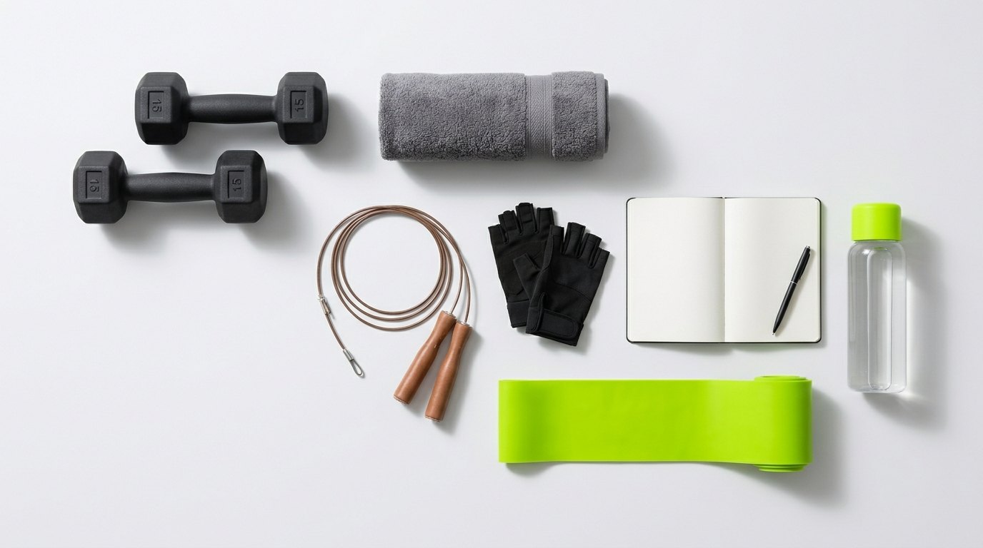 Kurzhanteln, Handtuch, Springseil, Handschuhe, Notizbuch, neongrüne Flasche und Widerstandsband von oben