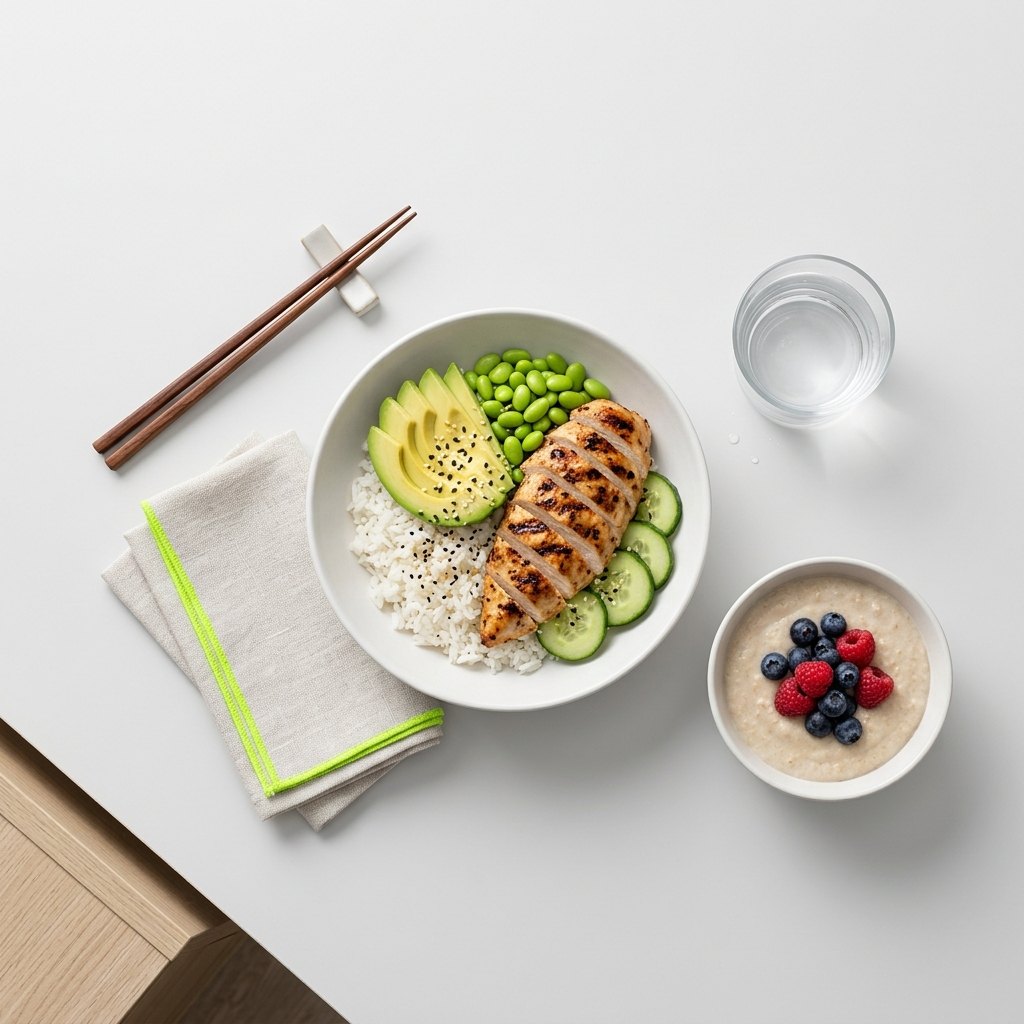 Hähnchen-Reis-Bowl, Protein-Porridge mit Beeren und ein Glas Wasser von oben