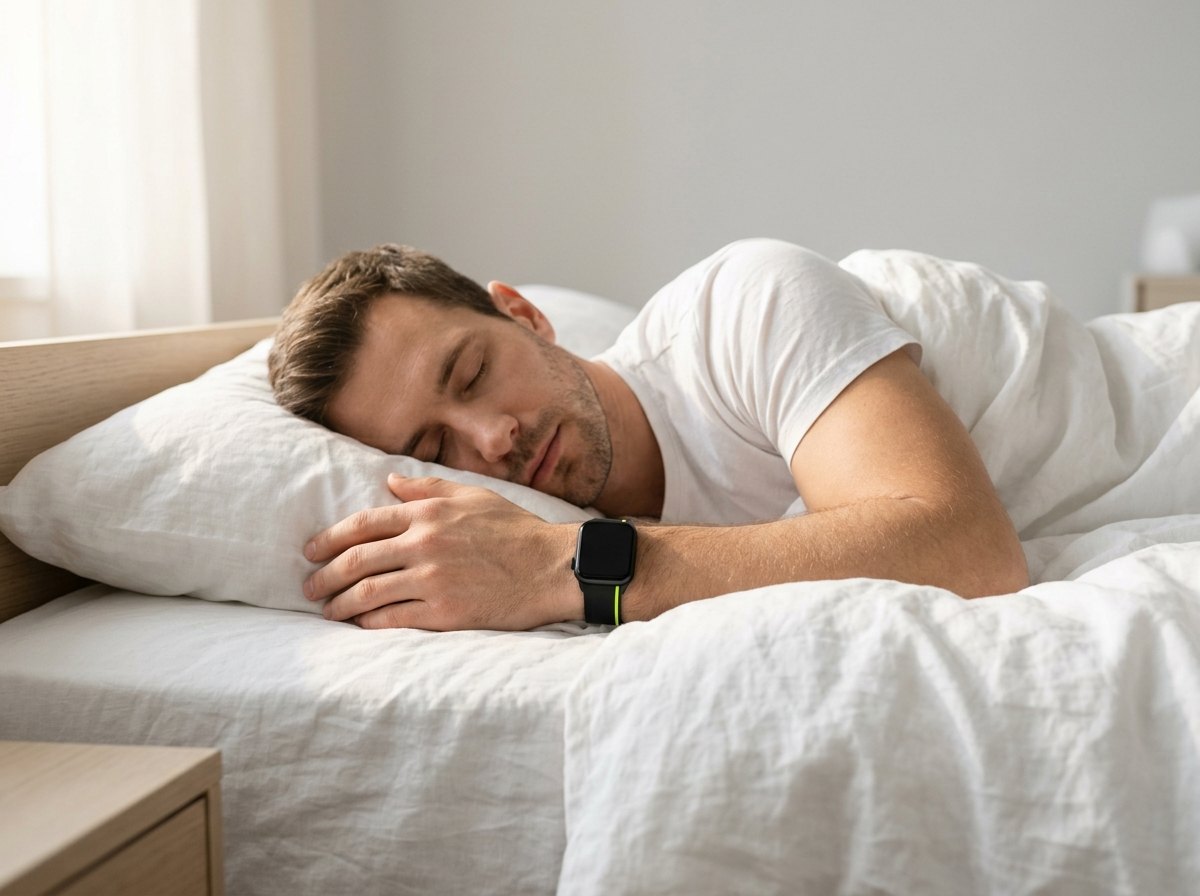 Ein Mann schläft in einem hellen Schlafzimmer, am Handgelenk eine Smartwatch