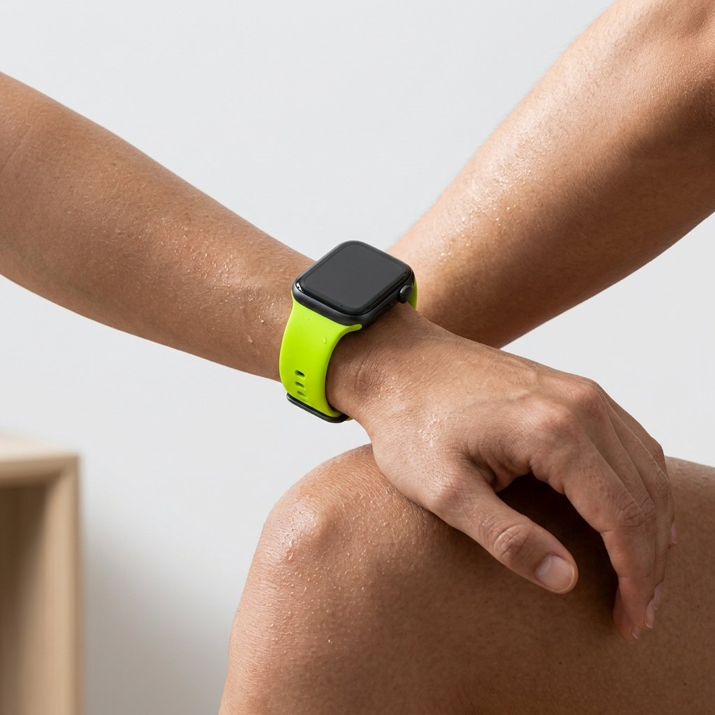 Unterarm mit Smartwatch und neongrünem Armband nach dem Training